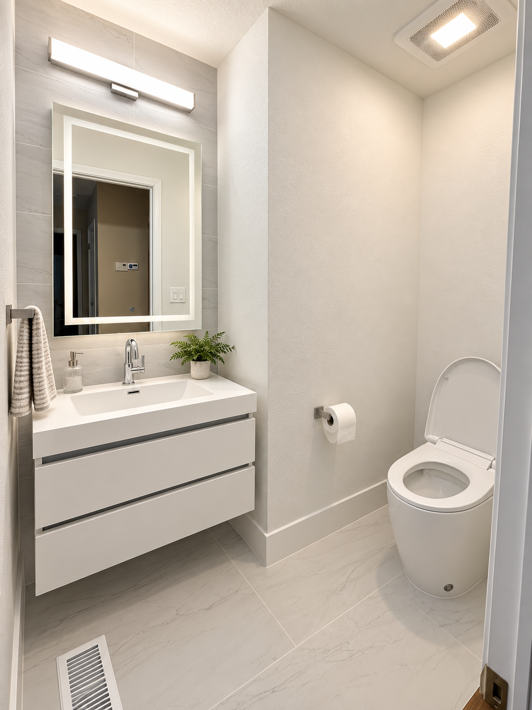 Third bathroom half bath with floating vanity and toilet