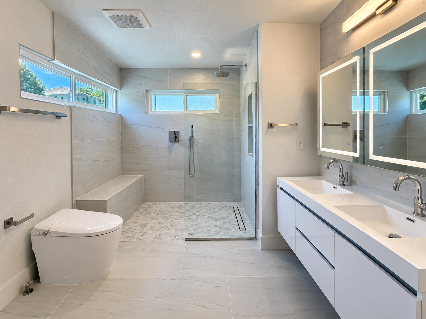Completed primary bathroom in a Castro Valley three-bathroom remodel
