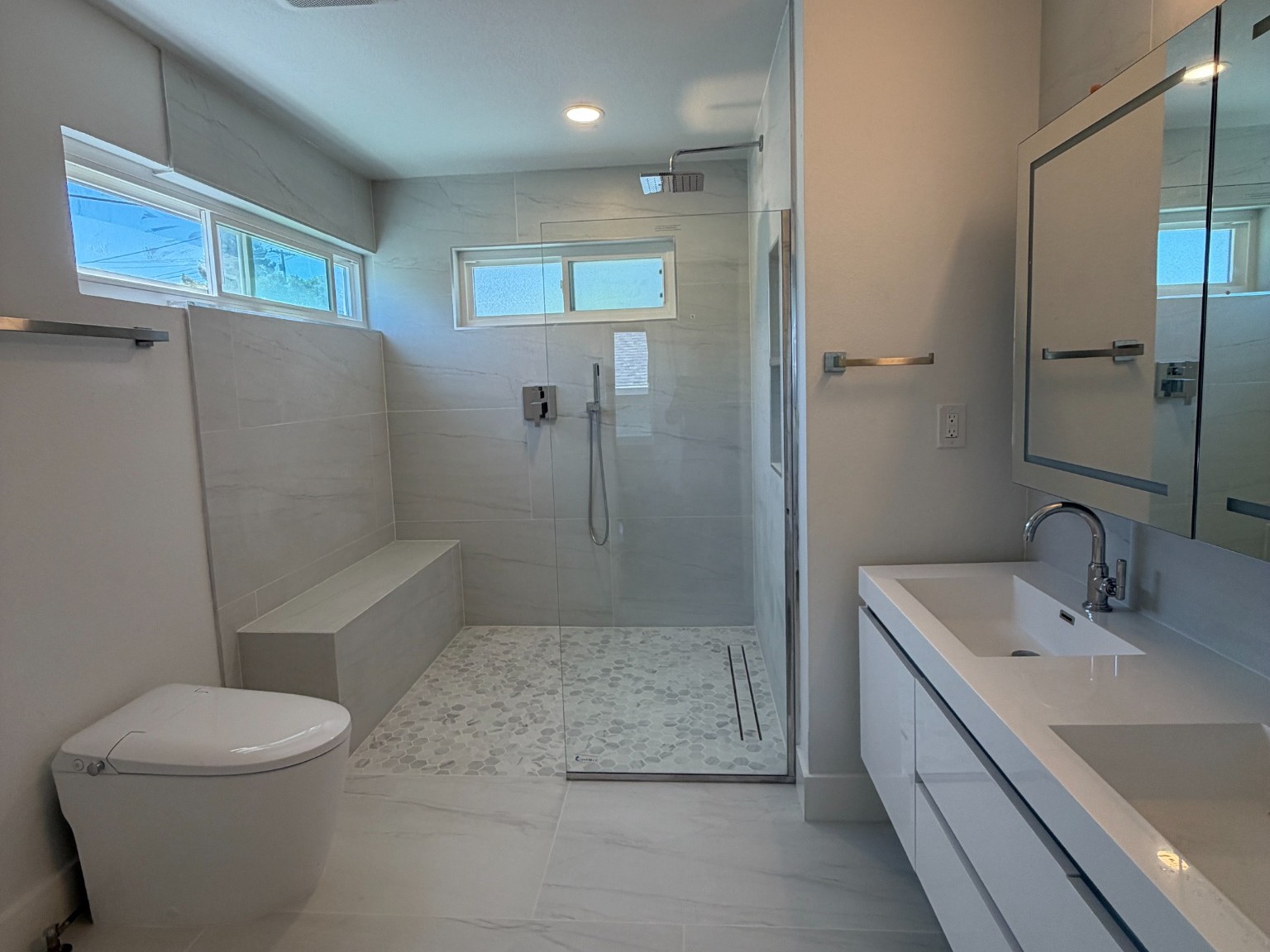 Completed primary bathroom in a Castro Valley three-bathroom remodel
